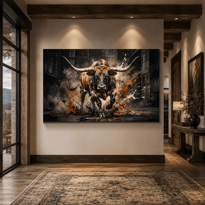 Unstoppable Force Charging Bull Canvas Wall Art – Powerful Longhorn Modern Statement Decor - ART OF ROYALS