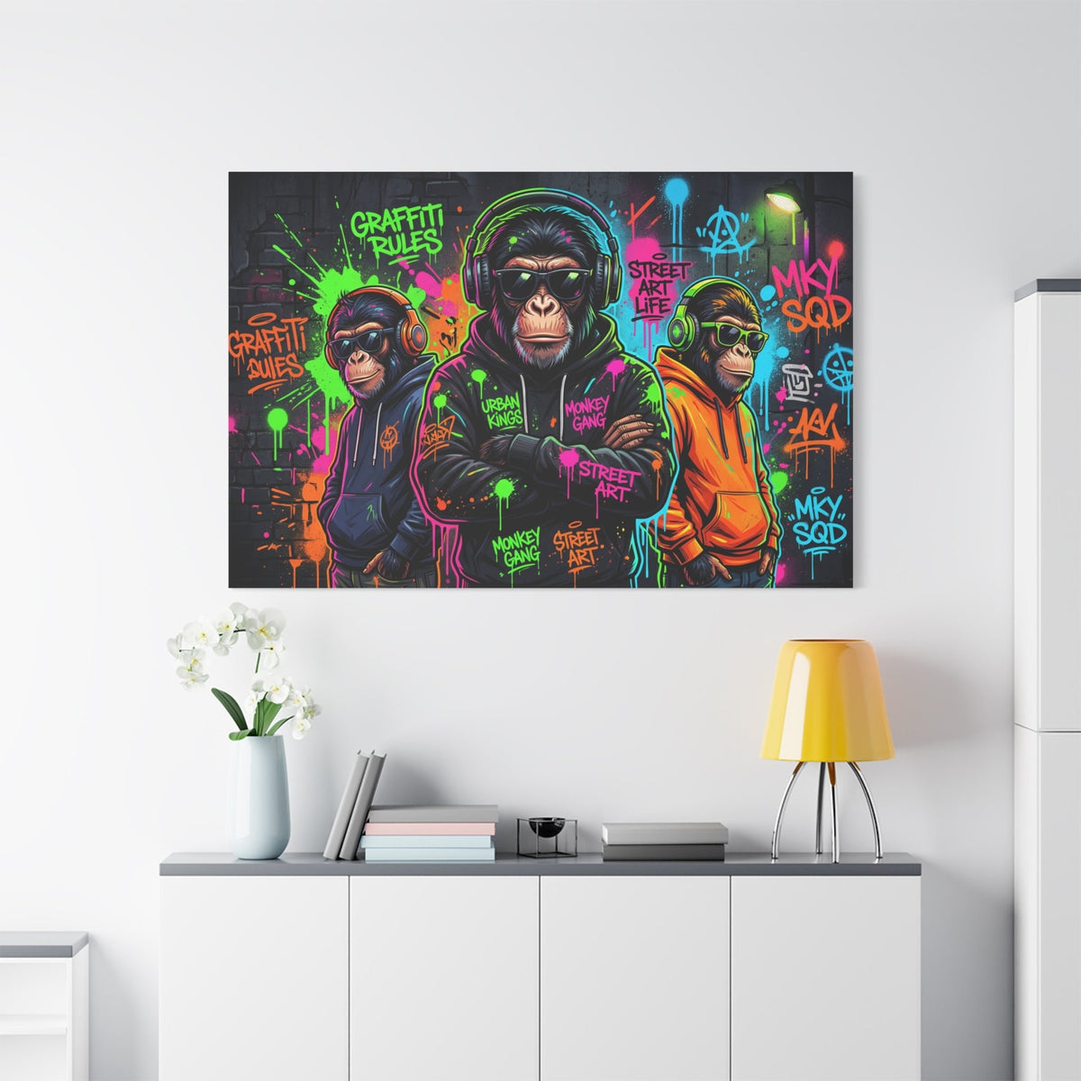 Urban Monkey Kings Neon Graffiti Street Art Canvas Wall Art – Hip Hop Monkey Decor - ART OF ROYALS