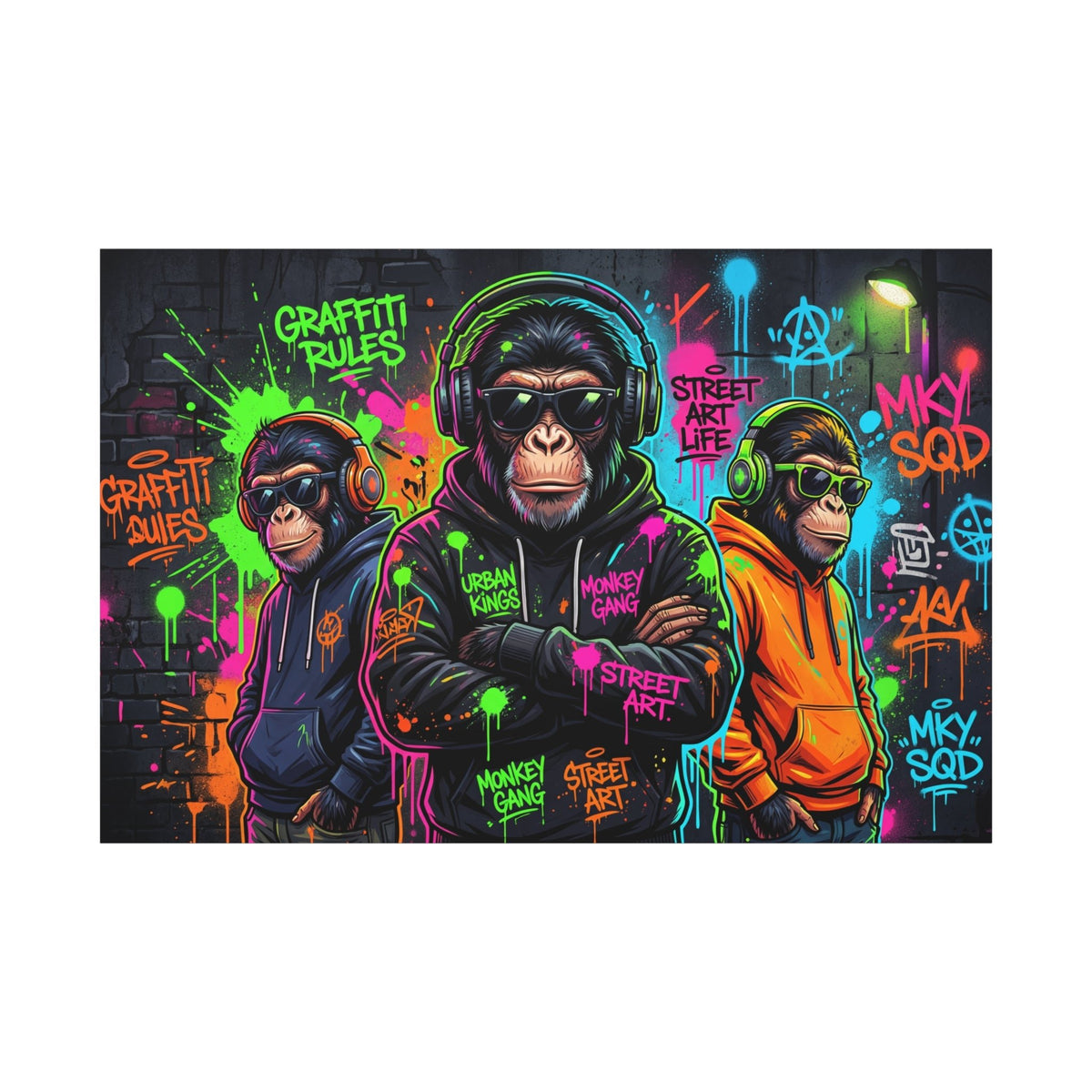 Urban Monkey Kings Neon Graffiti Street Art Canvas Wall Art – Hip Hop Monkey Decor - ART OF ROYALS