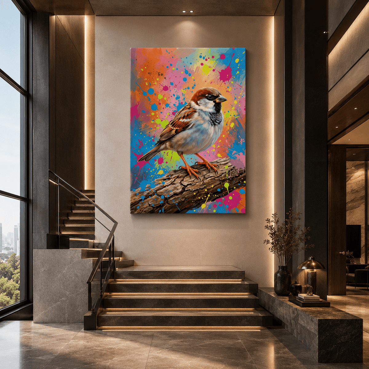 Urban Splash Sparrow Canvas Wall Art – Colorful Modern Bird Wall Decor for Contemporary Interiors - ART OF ROYALS