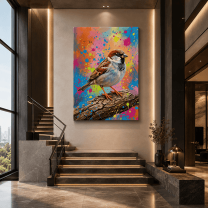 Urban Splash Sparrow Canvas Wall Art – Colorful Modern Bird Wall Decor for Contemporary Interiors - ART OF ROYALS