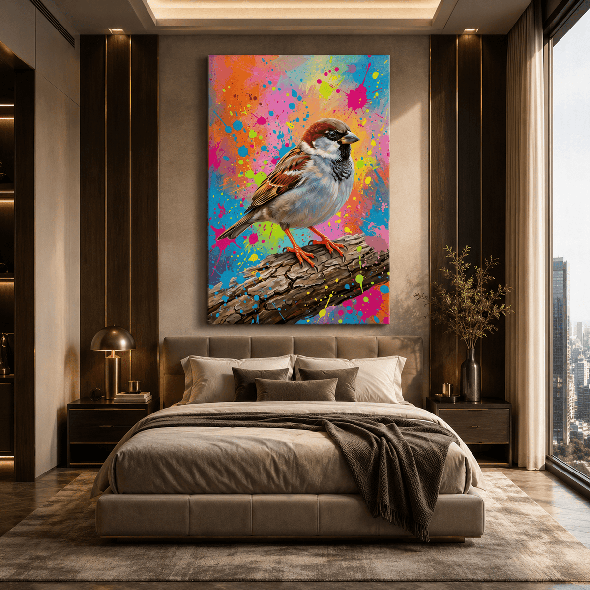 Urban Splash Sparrow Canvas Wall Art – Colorful Modern Bird Wall Decor for Contemporary Interiors - ART OF ROYALS