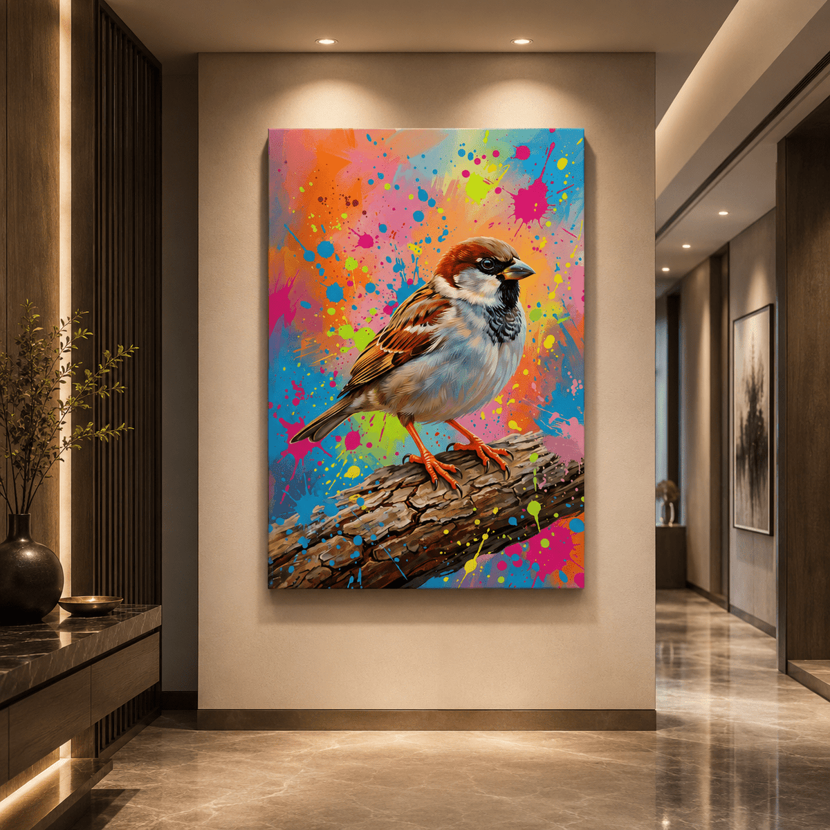 Urban Splash Sparrow Canvas Wall Art – Colorful Modern Bird Wall Decor for Contemporary Interiors - ART OF ROYALS