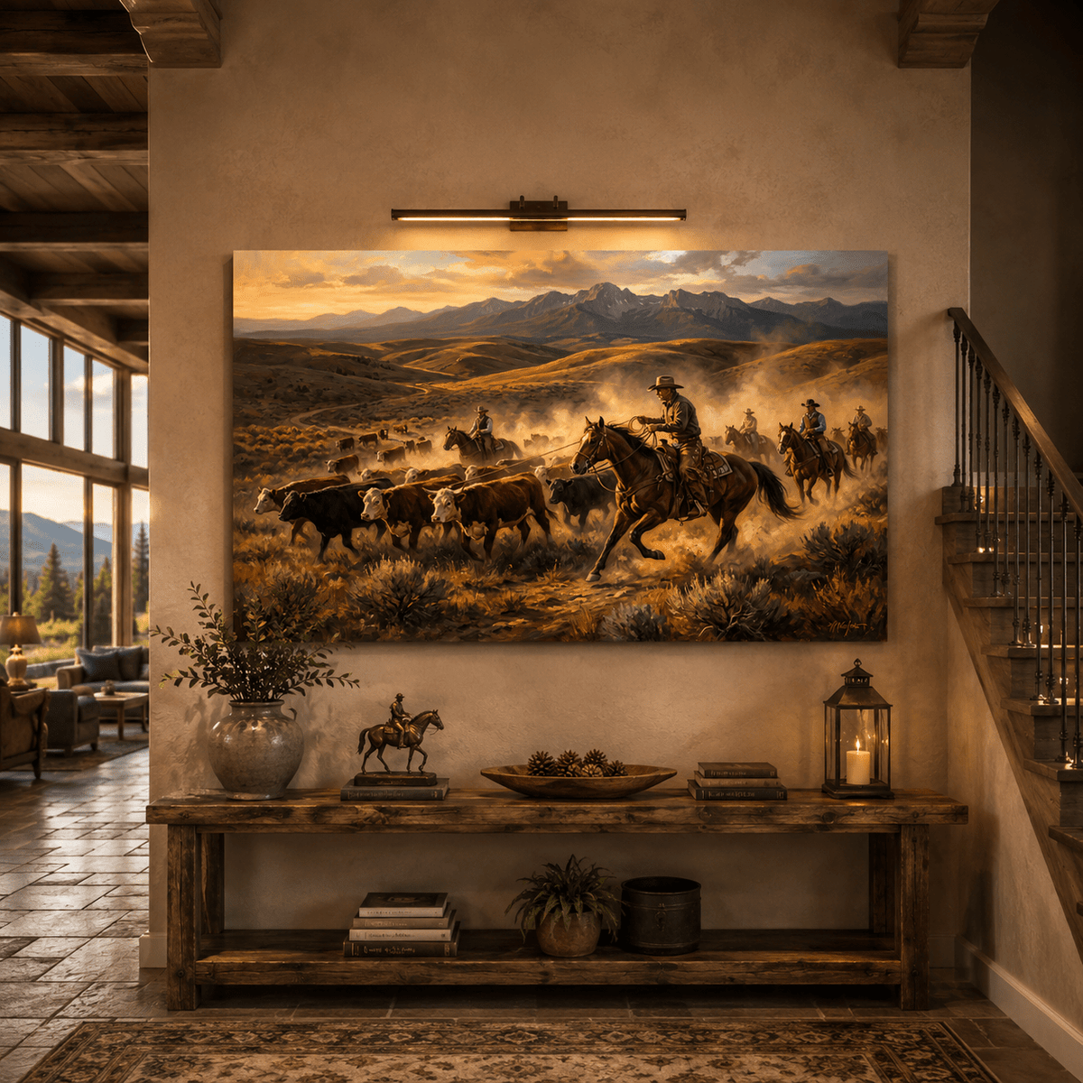 Western Cattle Drive Canvas Wall Art – Cowboy Ranch Landscape Artwork for Rustic Western Decor - ART OF ROYALS