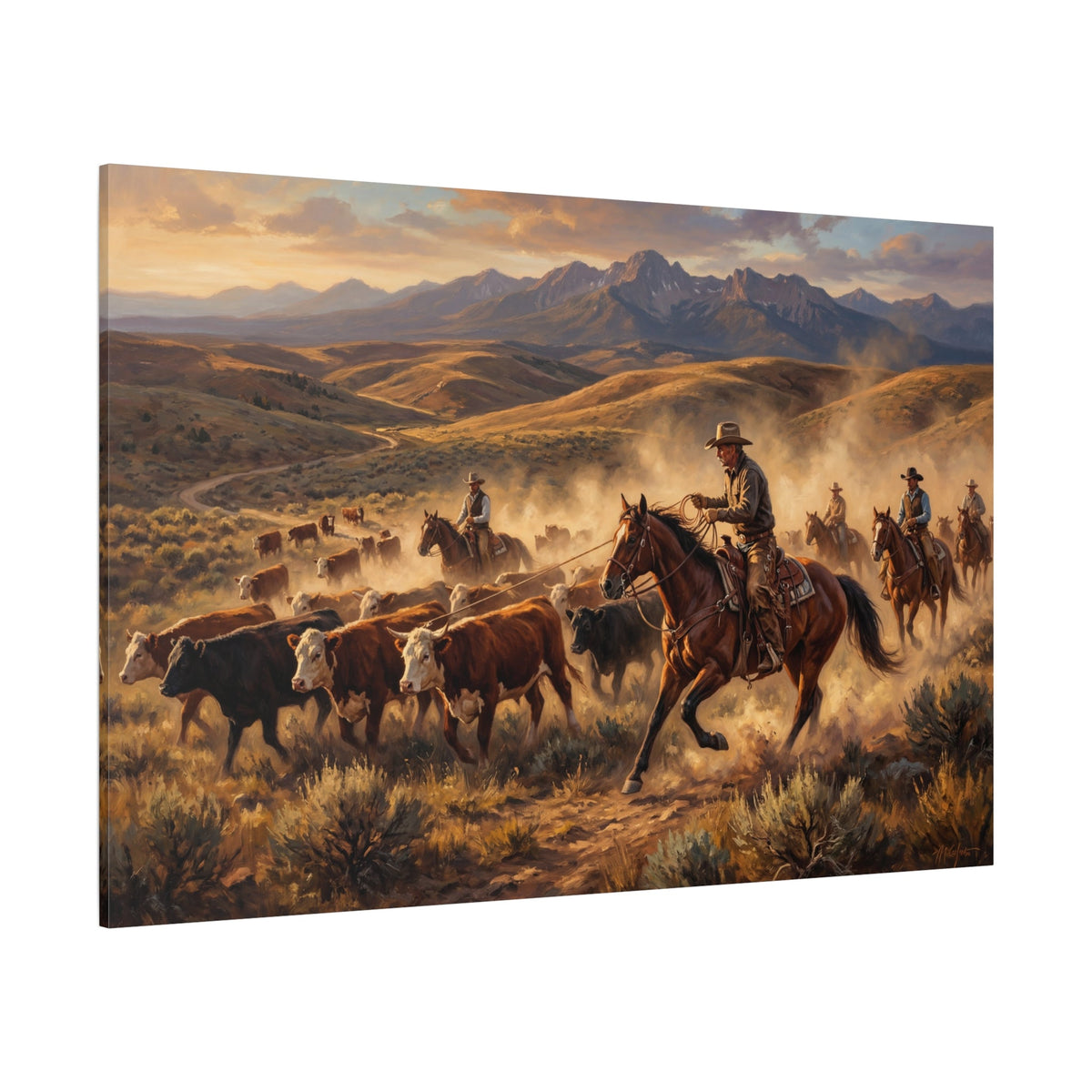 Western Cattle Drive Canvas Wall Art – Cowboy Ranch Landscape Artwork for Rustic Western Decor - ART OF ROYALS