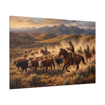 Western Cattle Drive Canvas Wall Art – Cowboy Ranch Landscape Artwork for Rustic Western Decor - ART OF ROYALS