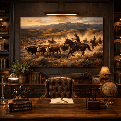 Western Cattle Drive Canvas Wall Art – Cowboy Ranch Landscape Artwork for Rustic Western Decor - ART OF ROYALS