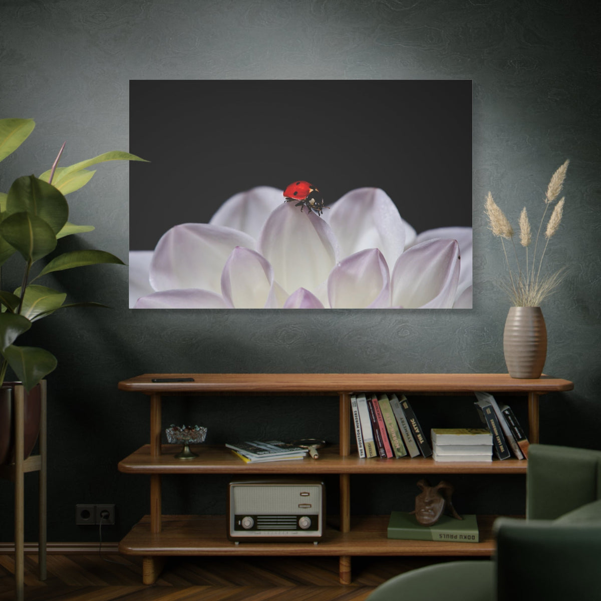 White Dahlia & Ladybug Harmony – A Nature-Inspired Art Print - ART OF ROYALS