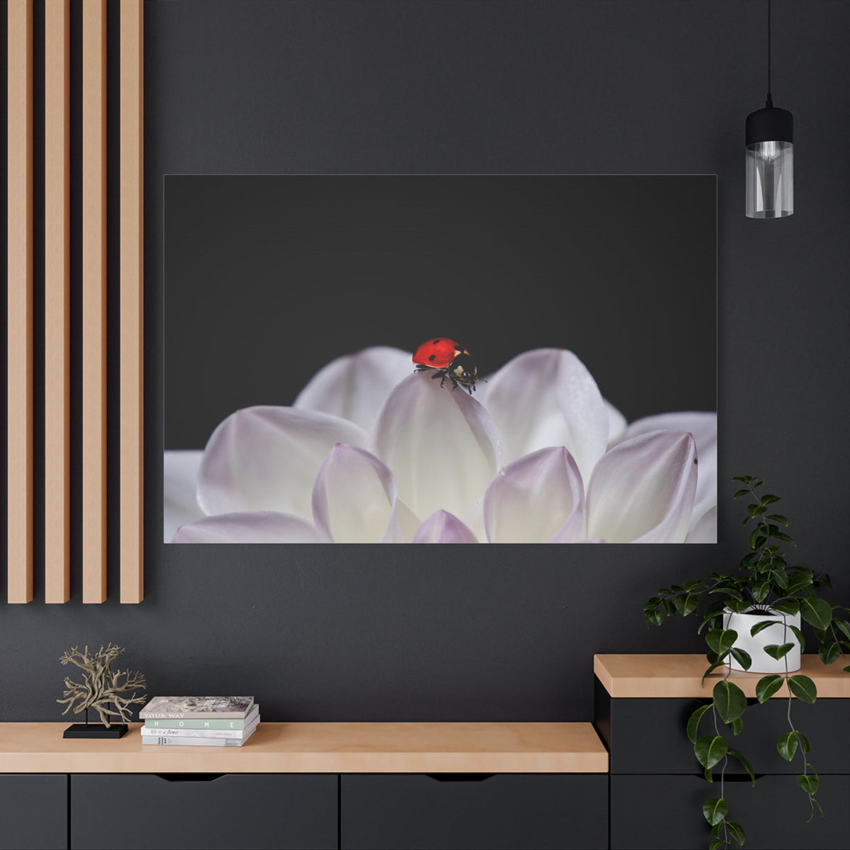 White Dahlia & Ladybug Harmony – A Nature-Inspired Art Print - ART OF ROYALS