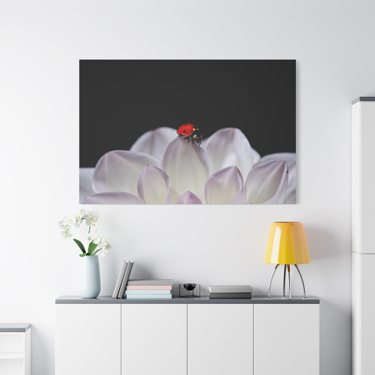 White Dahlia & Ladybug Harmony – A Nature-Inspired Art Print - ART OF ROYALS