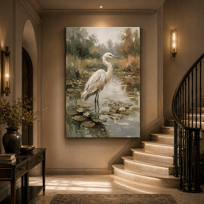 White Heron Pond Canvas Wall Art – Serene Wetland Bird Nature Decor for Peaceful Interiors - ART OF ROYALS