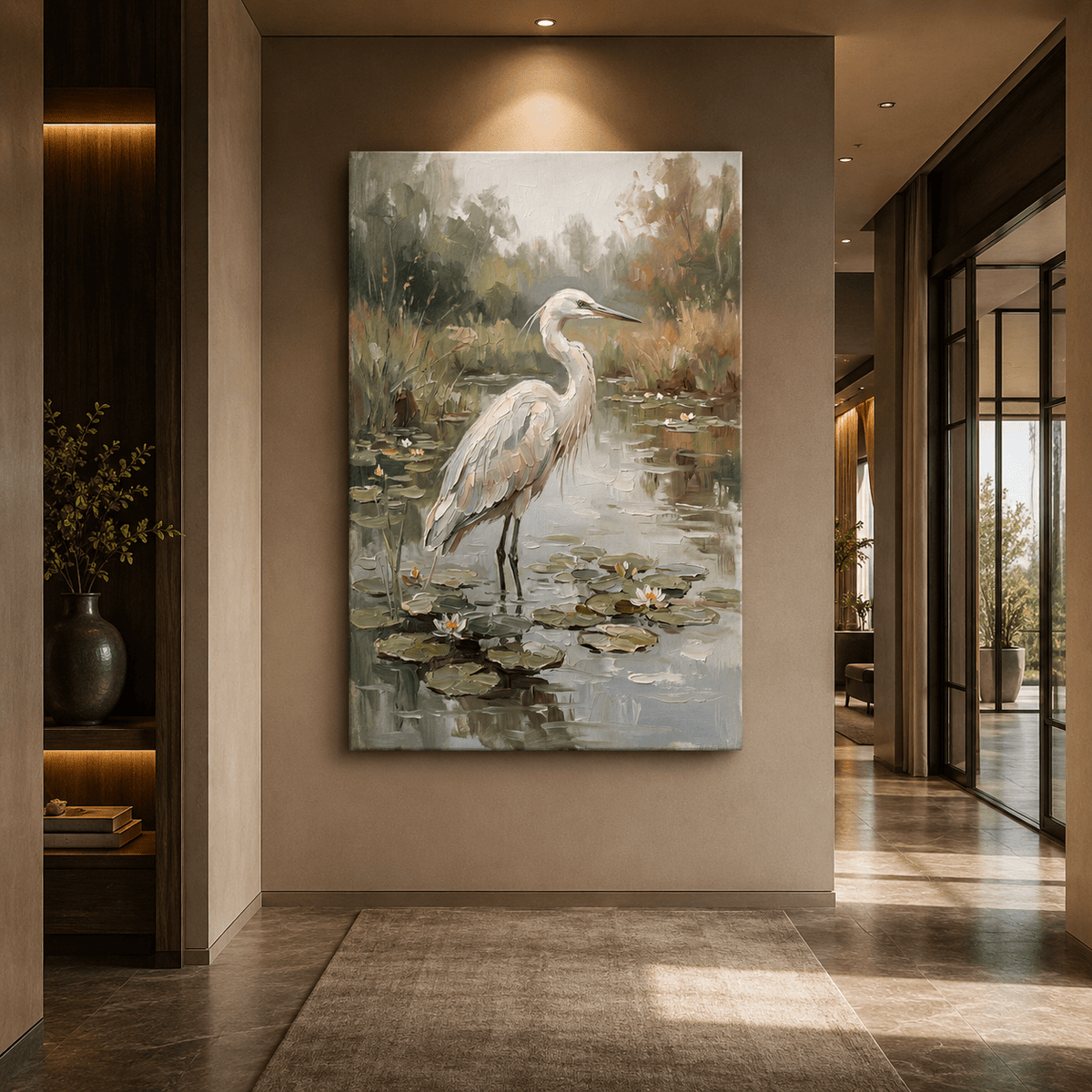 White Heron Pond Canvas Wall Art – Serene Wetland Bird Nature Decor for Peaceful Interiors - ART OF ROYALS