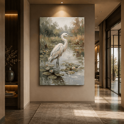 White Heron Pond Canvas Wall Art – Serene Wetland Bird Nature Decor for Peaceful Interiors - ART OF ROYALS