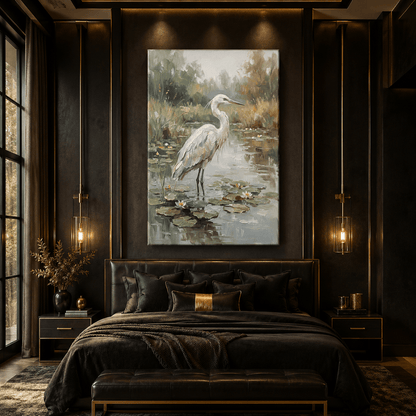 White Heron Pond Canvas Wall Art – Serene Wetland Bird Nature Decor for Peaceful Interiors - ART OF ROYALS
