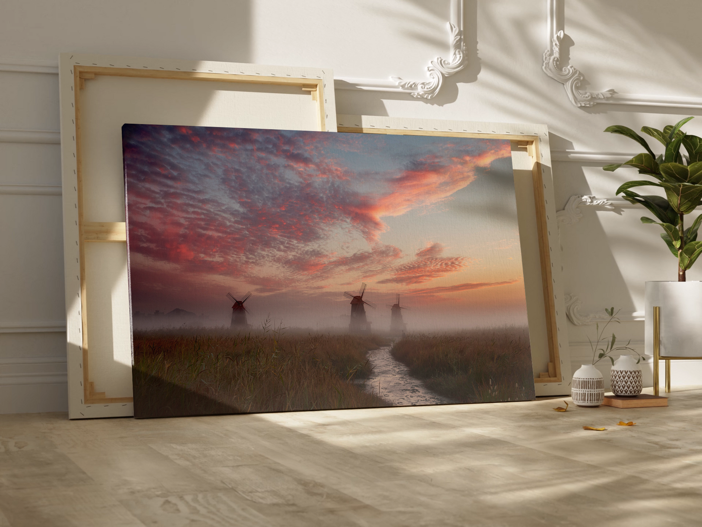 Windmills Over Tranquil River and Field