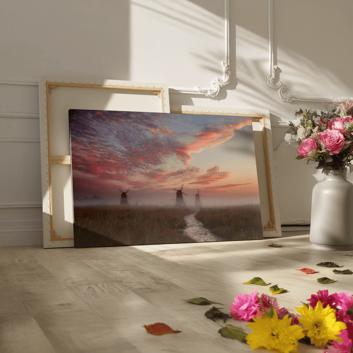 Windmills Over Tranquil River and Field - ART OF ROYALS