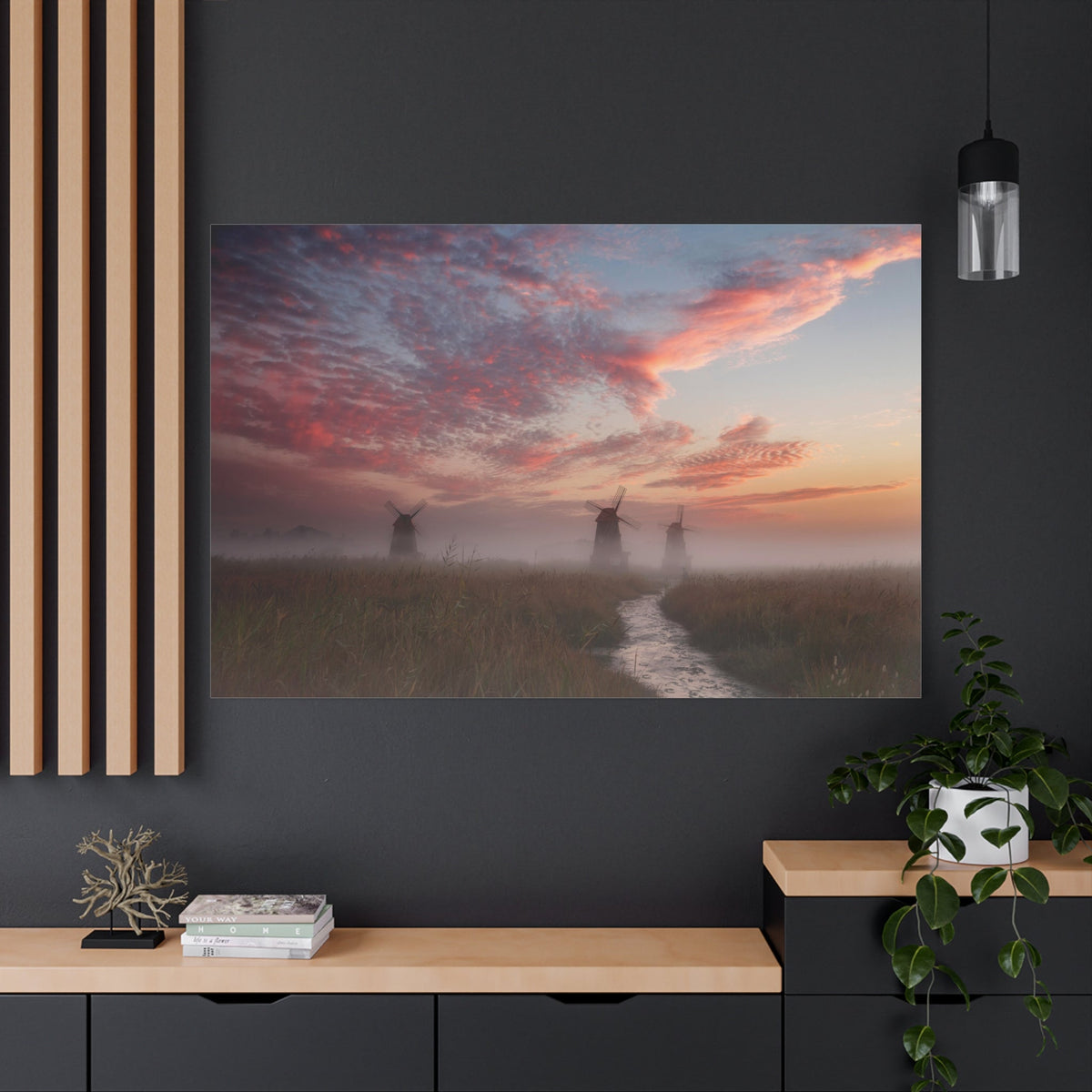 Windmills Over Tranquil River and Field - ART OF ROYALS