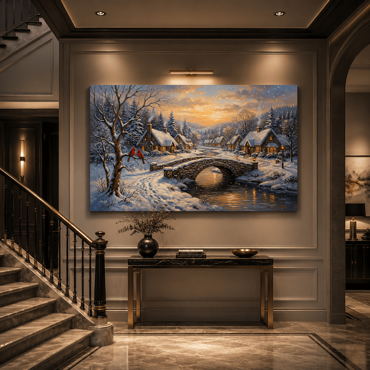 Winter Village Serenity Snowy Cottage Bridge with Cardinals Canvas Wall Art – Cozy Winter Decor - ART OF ROYALS