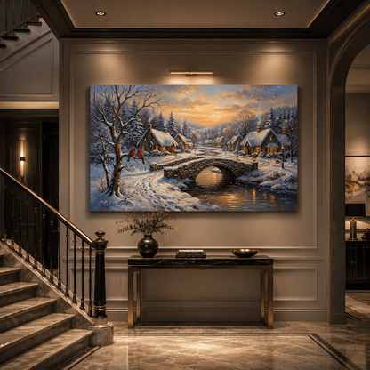 Winter Village Serenity Snowy Cottage Bridge with Cardinals Canvas Wall Art – Cozy Winter Decor - ART OF ROYALS