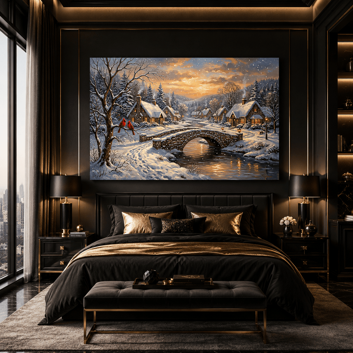 Winter Village Serenity Snowy Cottage Bridge with Cardinals Canvas Wall Art – Cozy Winter Decor - ART OF ROYALS