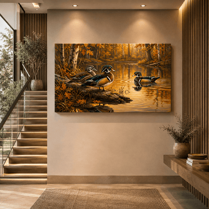 Wood Ducks in Autumn Pond Canvas Wall Art – Serene Wildlife Nature Decor - ART OF ROYALS