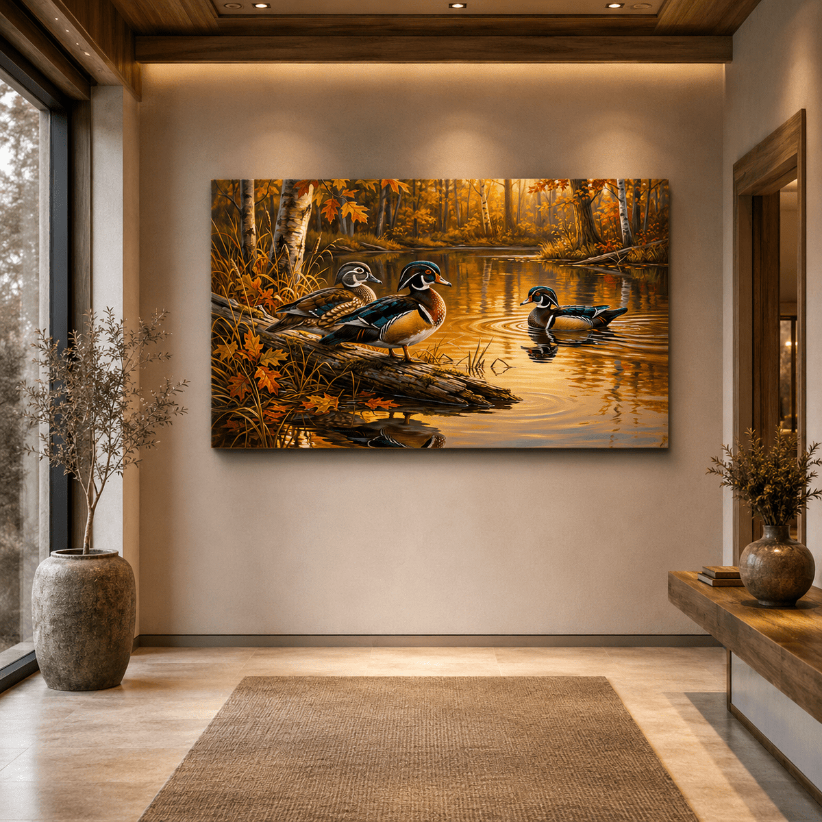 Wood Ducks in Autumn Pond Canvas Wall Art – Serene Wildlife Nature Decor - ART OF ROYALS