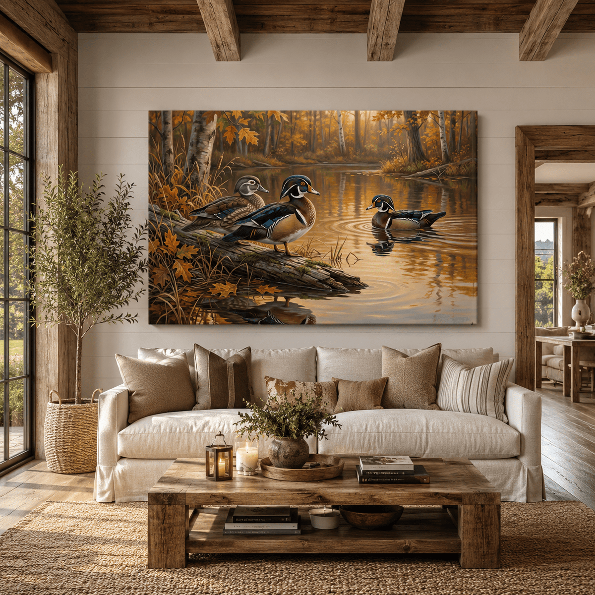 Wood Ducks in Autumn Pond Canvas Wall Art – Serene Wildlife Nature Decor - ART OF ROYALS