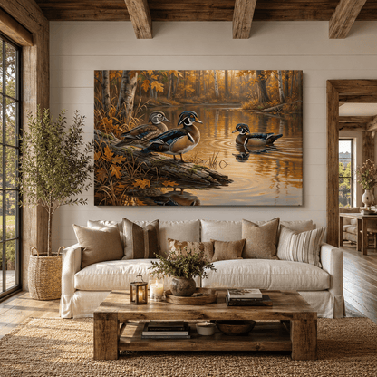 Wood Ducks in Autumn Pond Canvas Wall Art – Serene Wildlife Nature Decor - ART OF ROYALS
